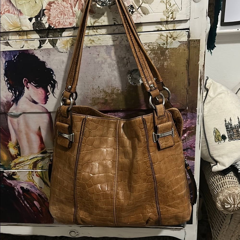 B. Makowsky Tan Shoulder Bag with Distressed Leather and Double Straps - Picture 1 of 14